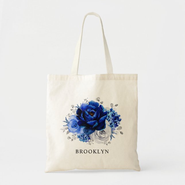 Royal Blue White Silver Metallic Floral Wedding Tote Bag (Front)