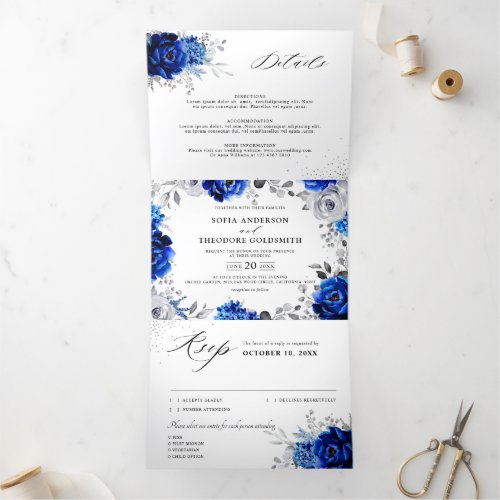 Royal Blue White Silver Metallic Floral Wedding Tr Tri_Fold Announcement