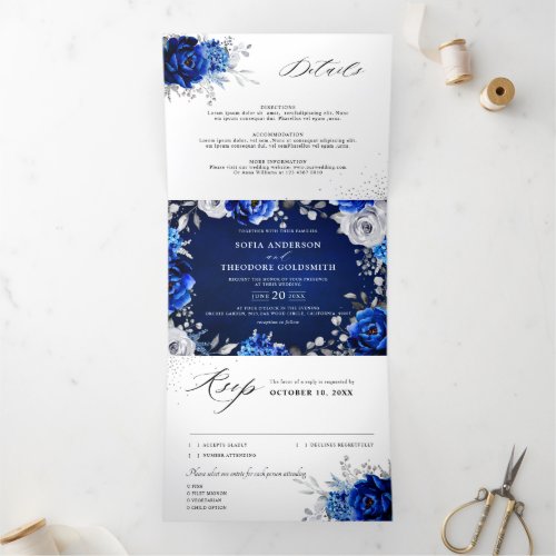 Royal Blue White Silver Metallic Floral Wedding Tri_Fold Announcement