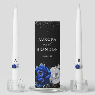 Royal Blue White Silver Metallic Floral Wedding Un Unity Candle Set