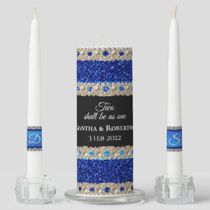 Royal Blue White Silver Metallic Floral Wedding Unity Candle Set
