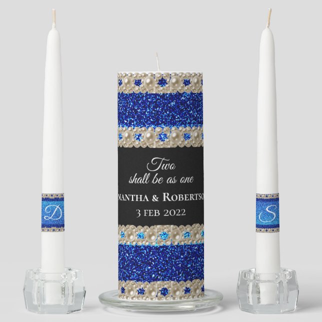 Royal Blue White Silver Metallic Floral Wedding  Unity Candle Set (Front)