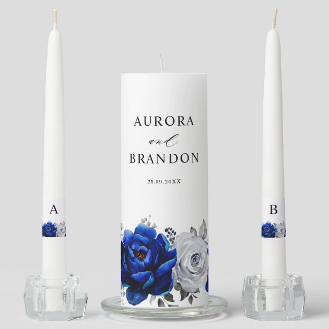 Royal Blue White Silver Metallic Floral Wedding Unity Candle Set (Front)