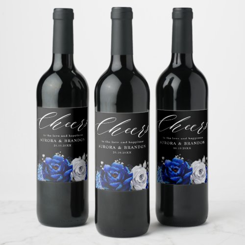 Royal Blue White Silver Metallic Floral Wedding Wi Wine Label