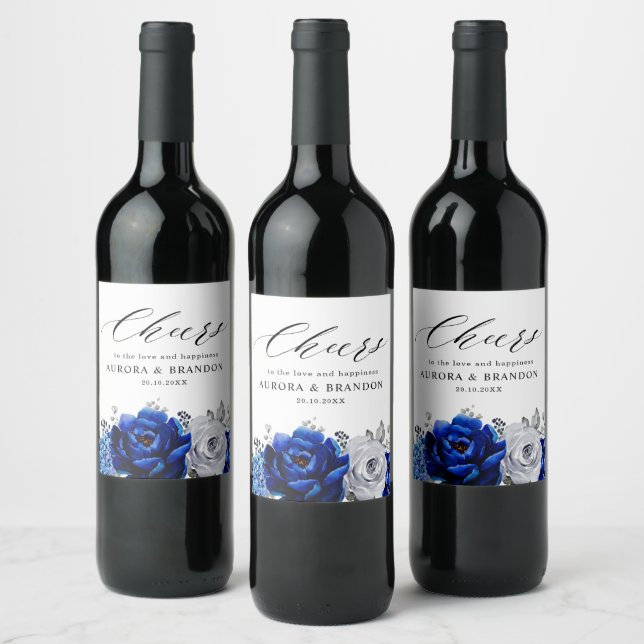 Royal Blue White Silver Metallic Floral Wedding Wine Label (Bottles)