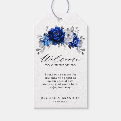 Royal Blue White Silver Metallic Floral Welcome Gift Tags