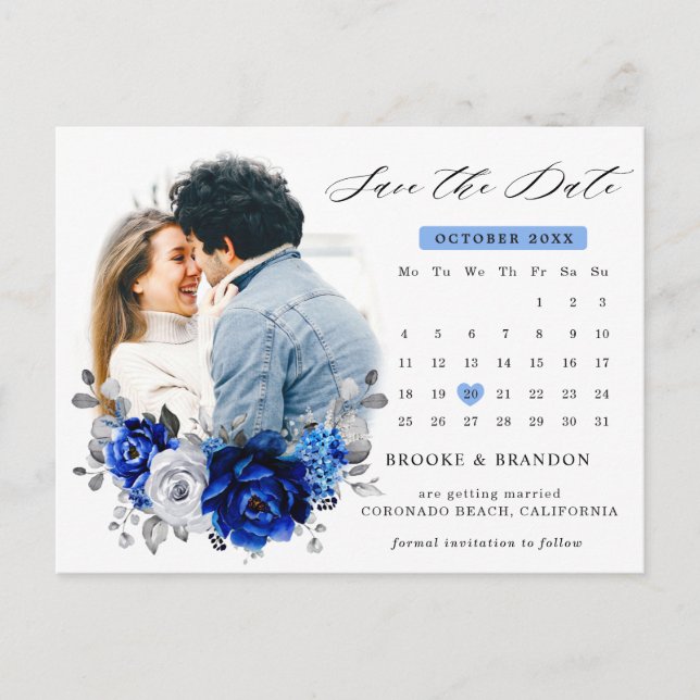 Royal Blue White Silver Metallic Save the Date Postcard (Front)