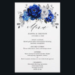 Royal Blue White Silver Metallic Wedding Menu<br><div class="desc">Elegant royal blue white silver theme wedding menu featuring elegant bouquet of royal blue,  Navy,  silver,  pure white color rose flowers buds and sage green eucalyptus leaves. Please contact me for any help in customization or if you need any other product with this design.</div>