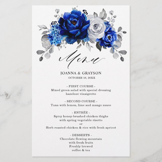 Royal Blue White Silver Metallic Wedding Menu (Front)