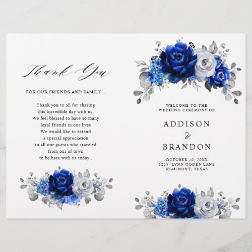 Royal Blue White Silver Metallic Wedding Program