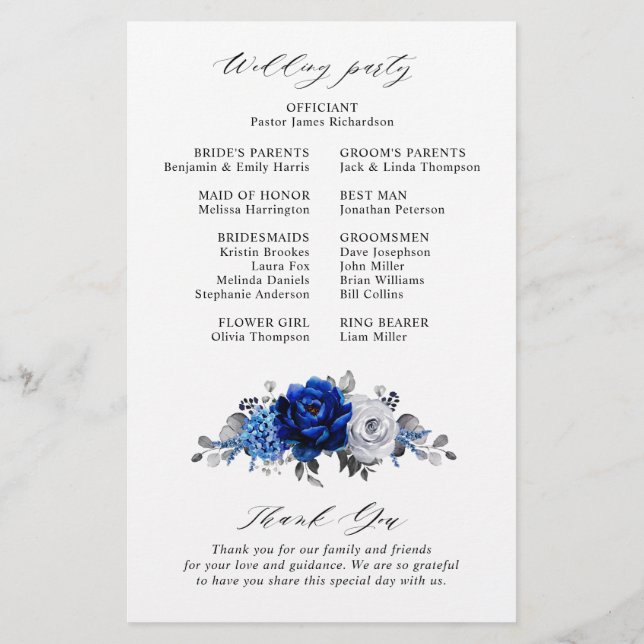 Royal Blue White Silver Metallic Wedding Program (Back)