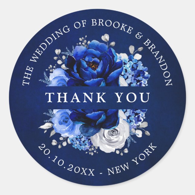 Royal Blue White Silver Metallic Wedding Thank you Classic Round Sticker (Front)