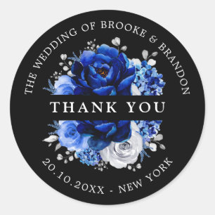 Royal Blue White Silver Metallic Wedding Thank you Classic Round Sticker