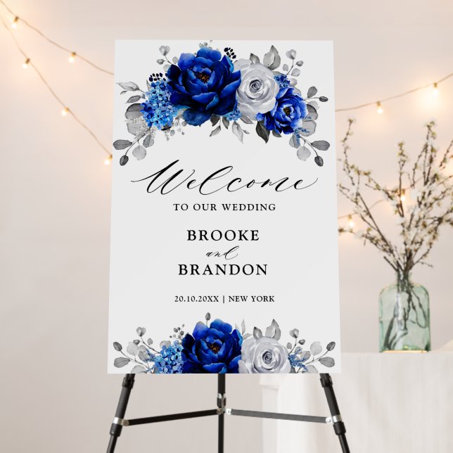 Royal Blue White Silver Metallic Wedding Welcome F Foam Board (In Situ (Stand))