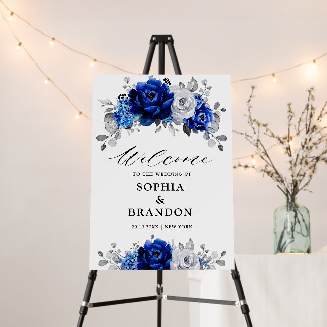 Royal Blue White Silver Metallic Wedding Welcome F Foam Board (In Situ (Stand))