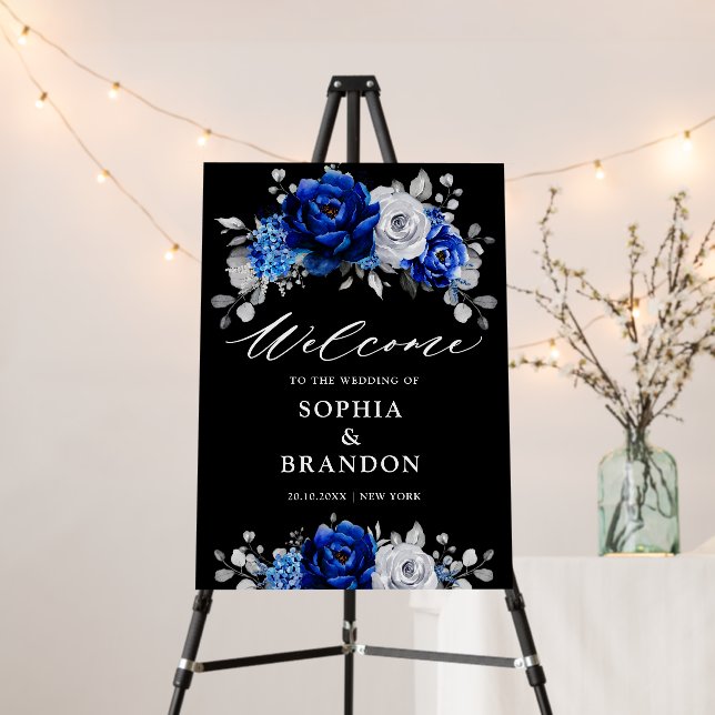 Royal Blue White Silver Metallic Wedding Welcome F Foam Board (In Situ (Stand))