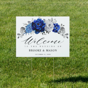 Royal Blue White Silver Metallic Wedding Welcome Sign