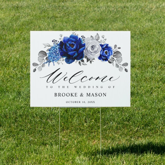 Royal Blue White Silver Metallic Wedding Welcome Sign (Insitu)