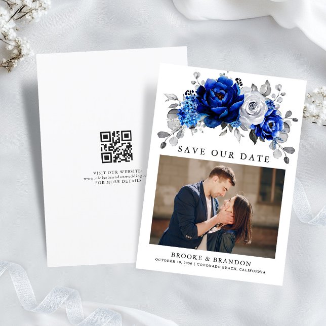 Royal Blue White Silver QR Code Floral Wedding Save The Date (Royal Blue White Silver QR Code Photo Floral Wedding Save The Date card)