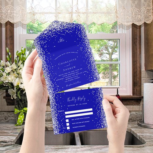 Royal blue white silver rsvp wedding all in one invitation