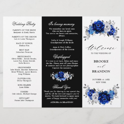 Royal Blue White Silver Tri_fold Wedding Program