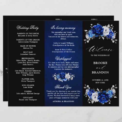 Royal Blue White Silver Tri_fold Wedding Program