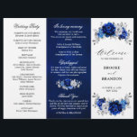 Royal Blue White Silver Tri-fold Wedding Program<br><div class="desc">Elegant royal blue white silver theme wedding program featuring elegant bouquet of royal blue,  Navy,  silver,  pure white color rose flowers buds and sage green eucalyptus leaves. Please contact me for any help in customization or if you need any other product with this design.</div>