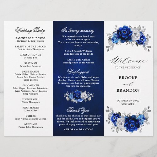 Royal Blue White Silver Tri_fold Wedding Program
