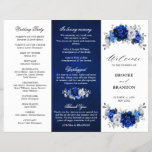 Royal Blue White Silver Tri-fold Wedding Program<br><div class="desc">Elegant royal blue white silver theme wedding program featuring elegant bouquet of royal blue,  Navy,  silver,  pure white color rose flowers buds and sage green eucalyptus leaves. Please contact me for any help in customization or if you need any other product with this design.</div>