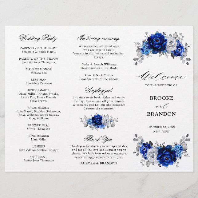 Royal Blue White Silver Tri-fold Wedding Program (Front)
