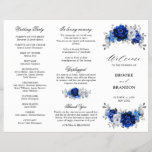 Royal Blue White Silver Tri-fold Wedding Program<br><div class="desc">Elegant royal blue white silver theme wedding program featuring elegant bouquet of royal blue,  Navy,  silver,  pure white color rose flowers buds and sage green eucalyptus leaves. Please contact me for any help in customization or if you need any other product with this design.</div>