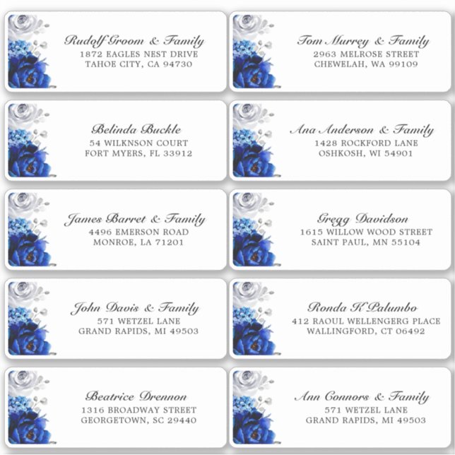 Royal Blue White Silver Wedding Guest Address Sticker (Front)