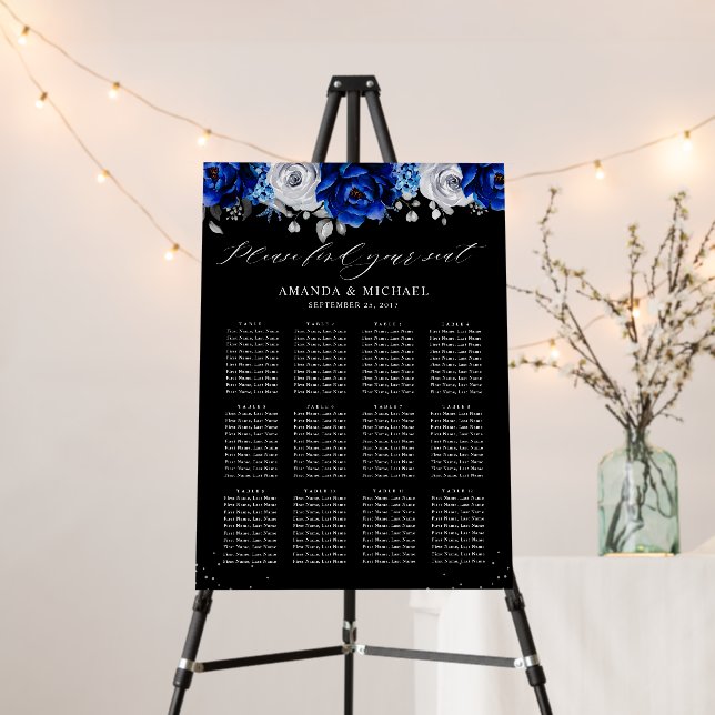 Royal Blue White Silver Wedding Seating chart Foam Foam Board (In Situ (Stand))