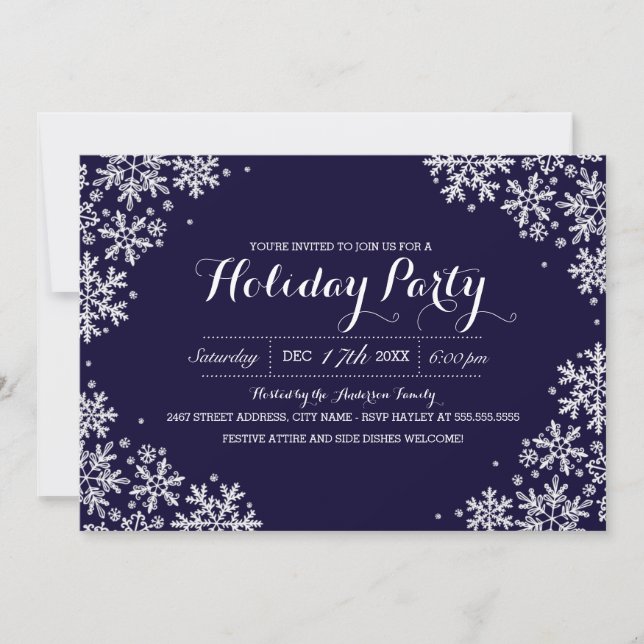 Royal Blue & White Snowflake Holiday Party Invite (Front)