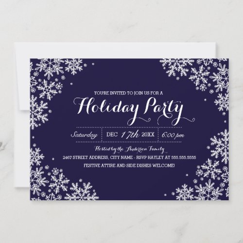 Royal Blue  White Snowflake Holiday Party Invite