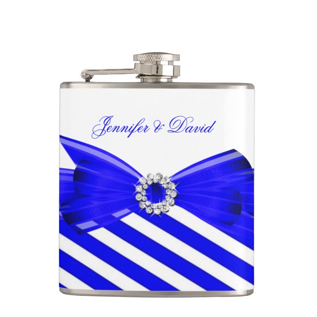 Royal Blue White Stripe Wedding Engagement Flask (Front)