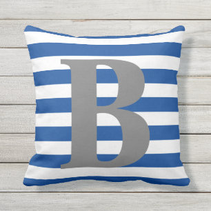 Royal Blue White Stripes Monogram Initial Square Outdoor Pillow