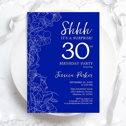 Royal Blue White Surprise 30th Birthday Invitation