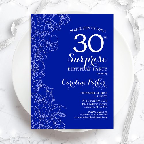 Royal Blue White Surprise 30th Birthday Party Invitation