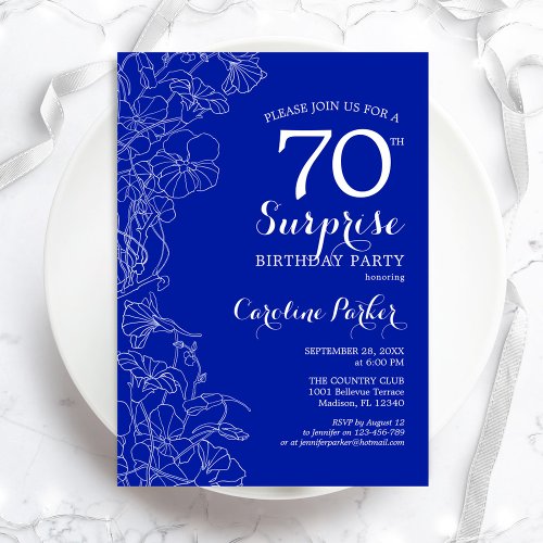 Royal Blue White Surprise 70th Birthday Party Invitation