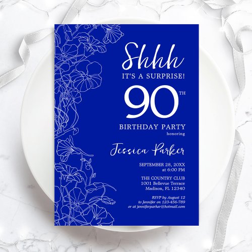 Royal Blue White Surprise 90th Birthday Invitation