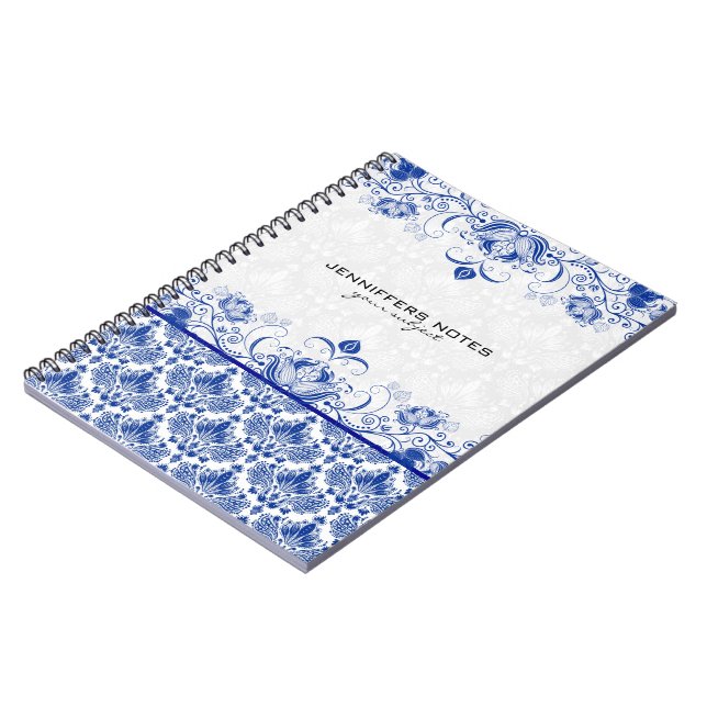 Royal Blue & White Vintage Damasks & Swirls Notebook (Left Side)