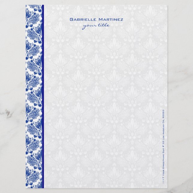 Royal Blue & White Vintage Floral Damasks Letterhead (Front)
