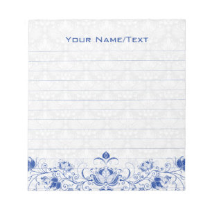 Royal Blue & White Vintage Floral Swirls & Damasks Notepad
