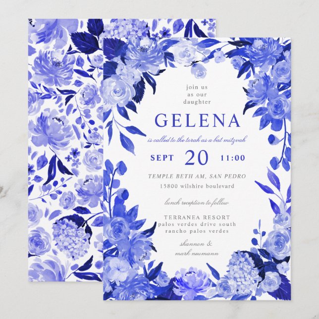 Royal Blue & White Watercolor Floral Bat Mitzvah Invitation (Front/Back)