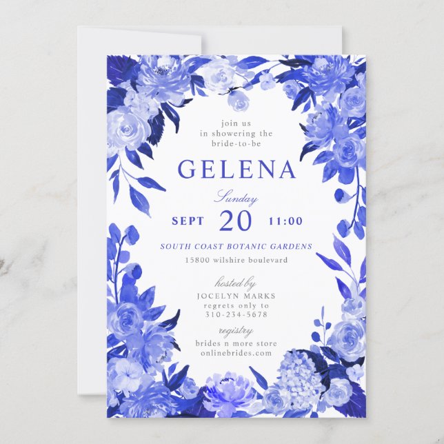 Royal Blue & White Watercolor Floral Bridal Shower Invitation (Front)