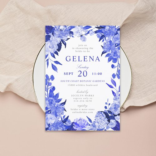 Royal Blue  White Watercolor Floral Bridal Shower Invitation