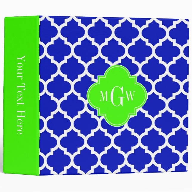 Royal Blue Wht Moroccan #5 Lime 3 Initial Monogram 3 Ring Binder (Front/Spine)
