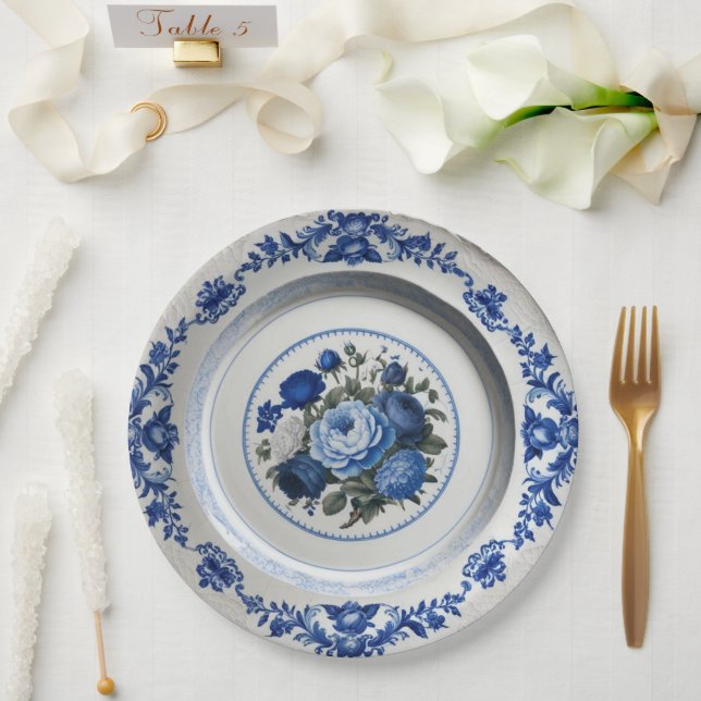 Royal Blue wildflower Floral Ceramic Wedding Paper Plates (Wedding)