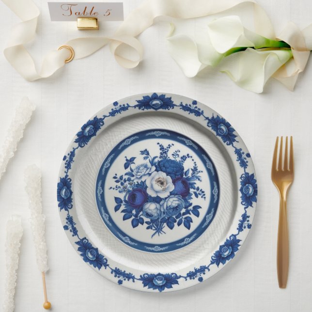 Royal Blue wildflower Floral Ceramic Wedding Paper Plates (Wedding)